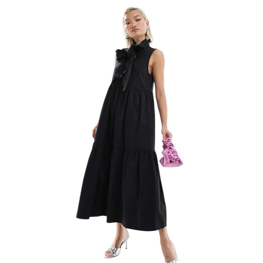 Sister Jane Dress Size XS Peggy Bow Neck Midi Black Swing Sleeveless New NWT‎